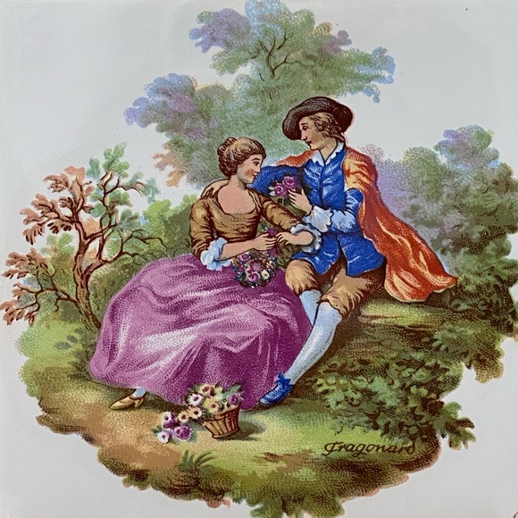 Vintage VILLEROY & BOCH Fragonard Victorian Courting Scene Couple Tile Trivet - Picture 3 of 12